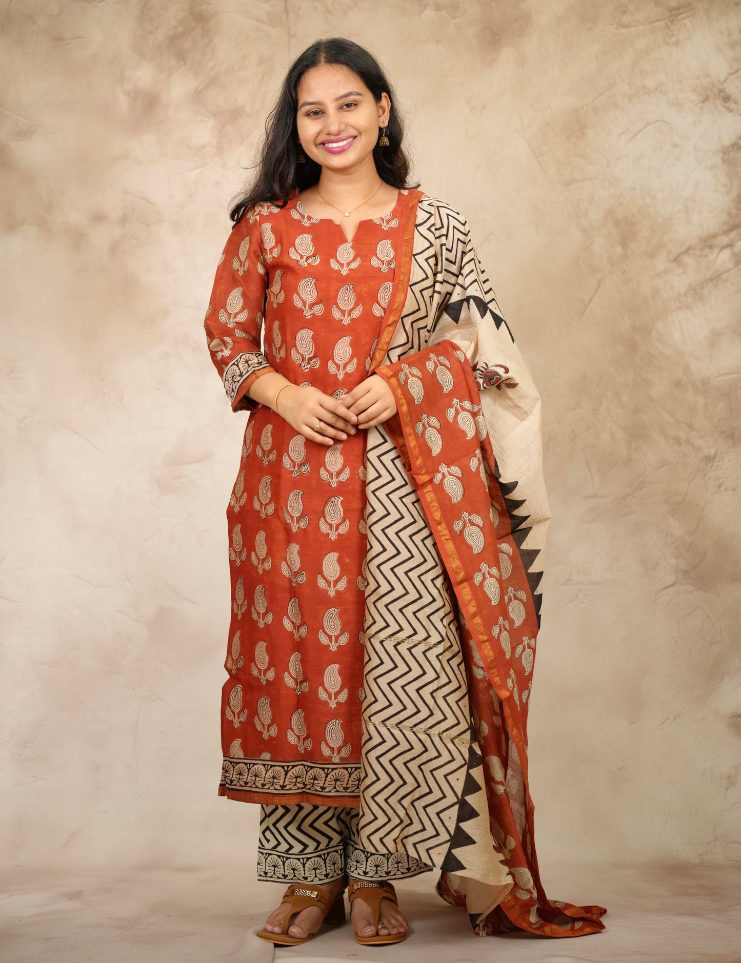Maroon Handblock printed Pure Chenderi Silk 3 piece suit (stitched) |  Looms & Tassels