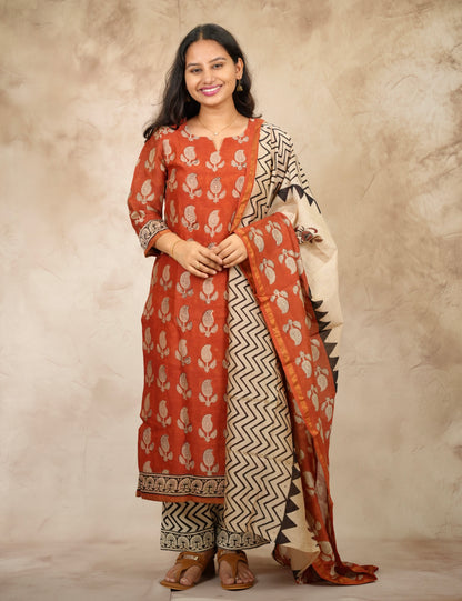 Maroon Handblock printed Pure Chenderi Silk 3 piece suit (stitched) |  Looms & Tassels