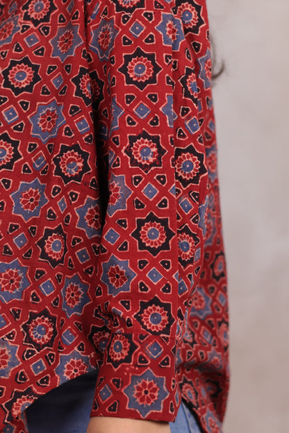 Red Ajrakh Handblock Printed Patch Work Shirt (Pure Cotton ) | Looms & Tassels
