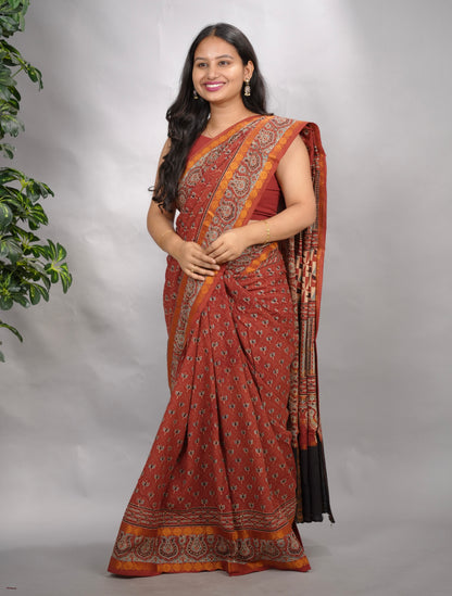 Rust Red Ajrakh Hand Block Printed Sungudi Cotton Saree | Looms & Tassels