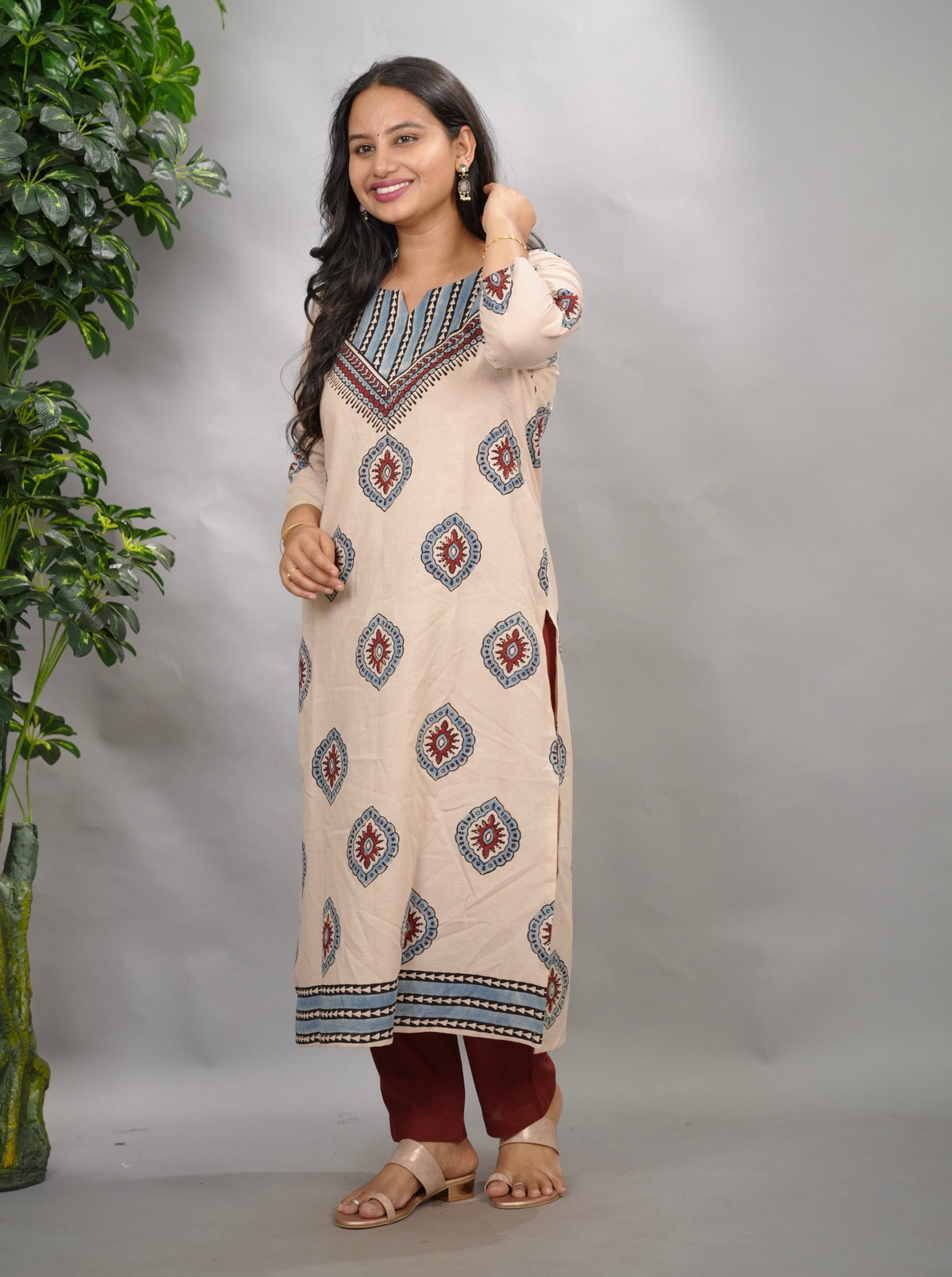 Cream Ajrakh Pattern Hand Block printed Kurti | Looms & Tassels