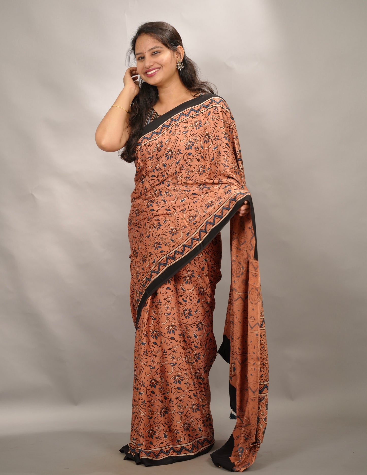 Peach Authentic Ajrakh Handblock Printed Modal Silk Saree | Looms & Tassels