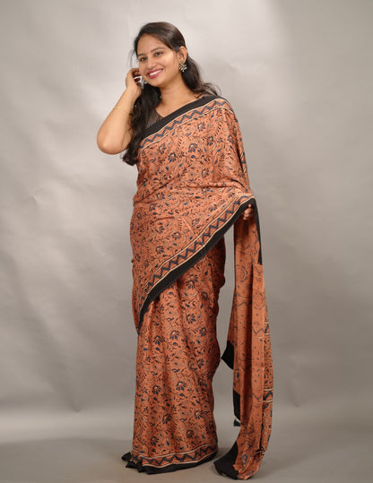 Peach Authentic Ajrakh Handblock Printed Modal Silk Saree | Looms & Tassels