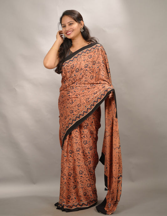 Peach Authentic Ajrakh Handblock Printed Modal Silk Saree | Looms & Tassels