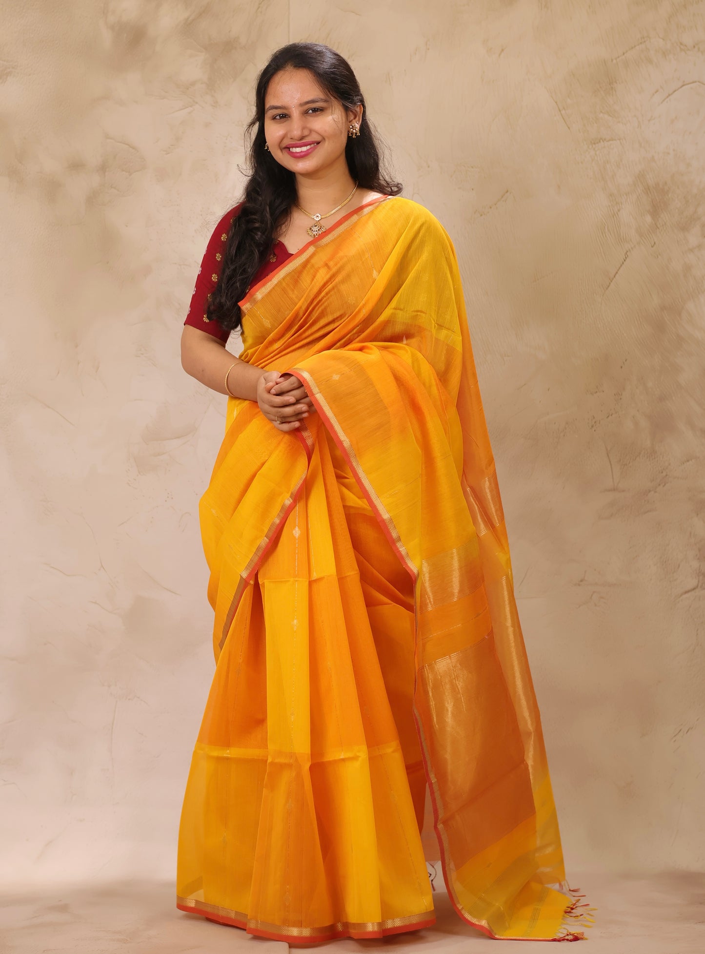 Yellow Dual Tone Handloom Maheswari Silk Cotton Sarees | Looms & Tassels