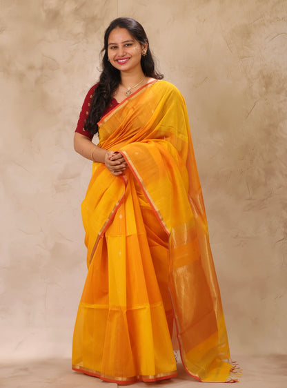 Yellow Dual Tone Handloom Maheswari Silk Cotton Sarees | Looms & Tassels