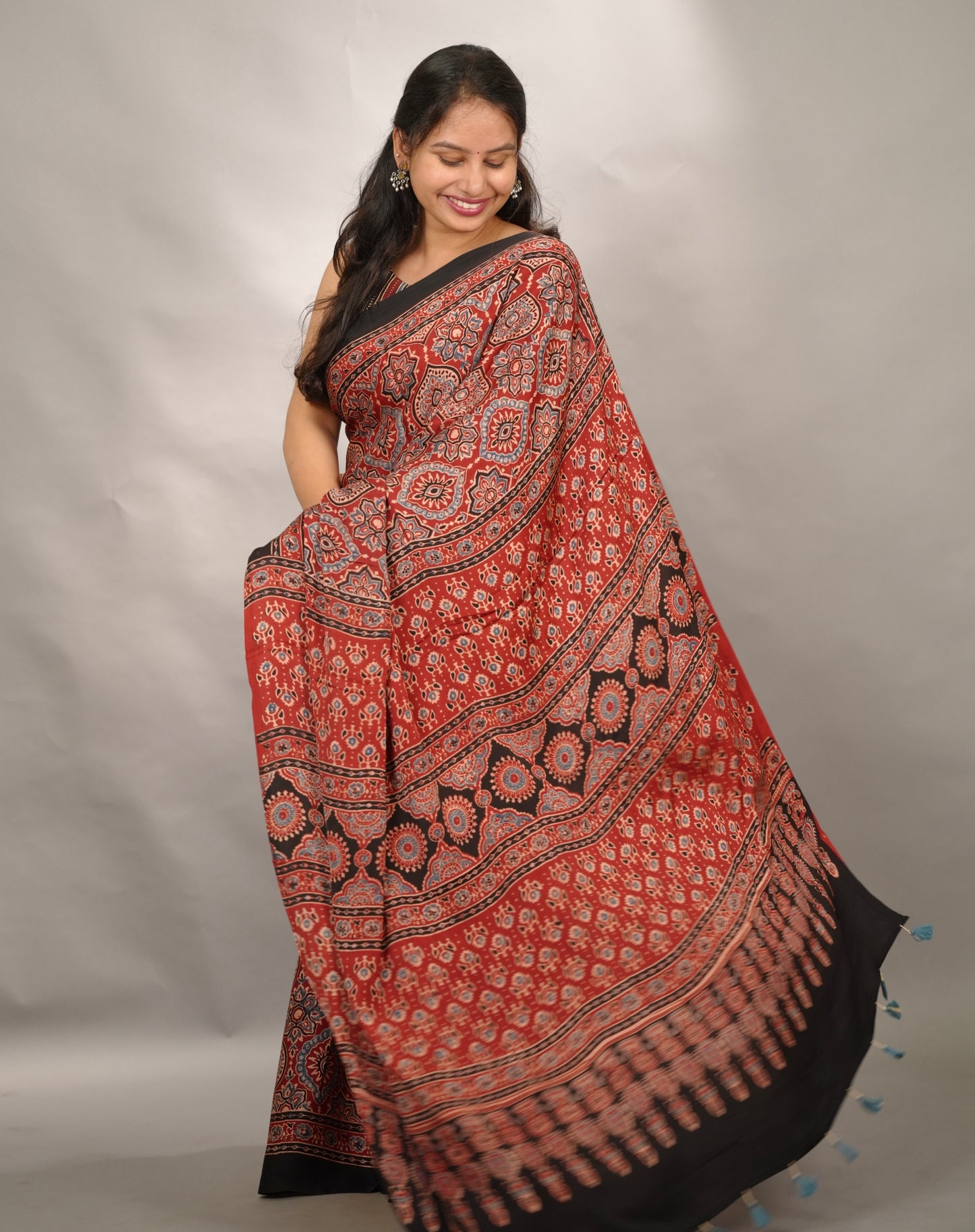Maroon Badam Butta Authentic Ajrakh Handblock Printed Modal Silk Saree | Looms & Tassels