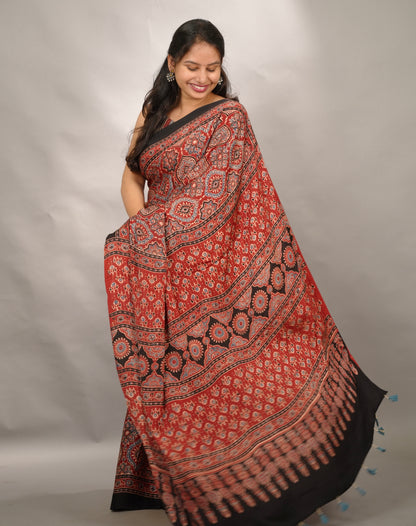 Maroon Badam Butta Authentic Ajrakh Handblock Printed Modal Silk Saree | Looms & Tassels