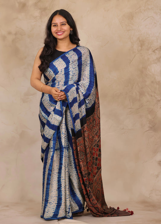 Cyan Blue Needle Shibori and Ajrakh Handblock Printed Modal Silk Saree | Looms & Tassels