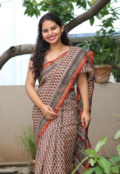 Cream Bagru Hand block printed Kota Doriya Saree