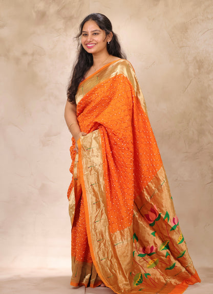 Orange Handcrafted Bandhani Paithani Dola Silk Saree | Looms & Tassels