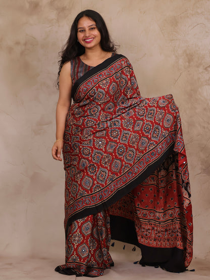 Red Handcrafted Ajrakh Modal Silk Saree with Authentic Banjara Mirror Work | Looms & Tassel