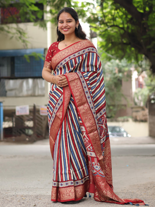 Stripes Ajrakh Dola Silk Saree