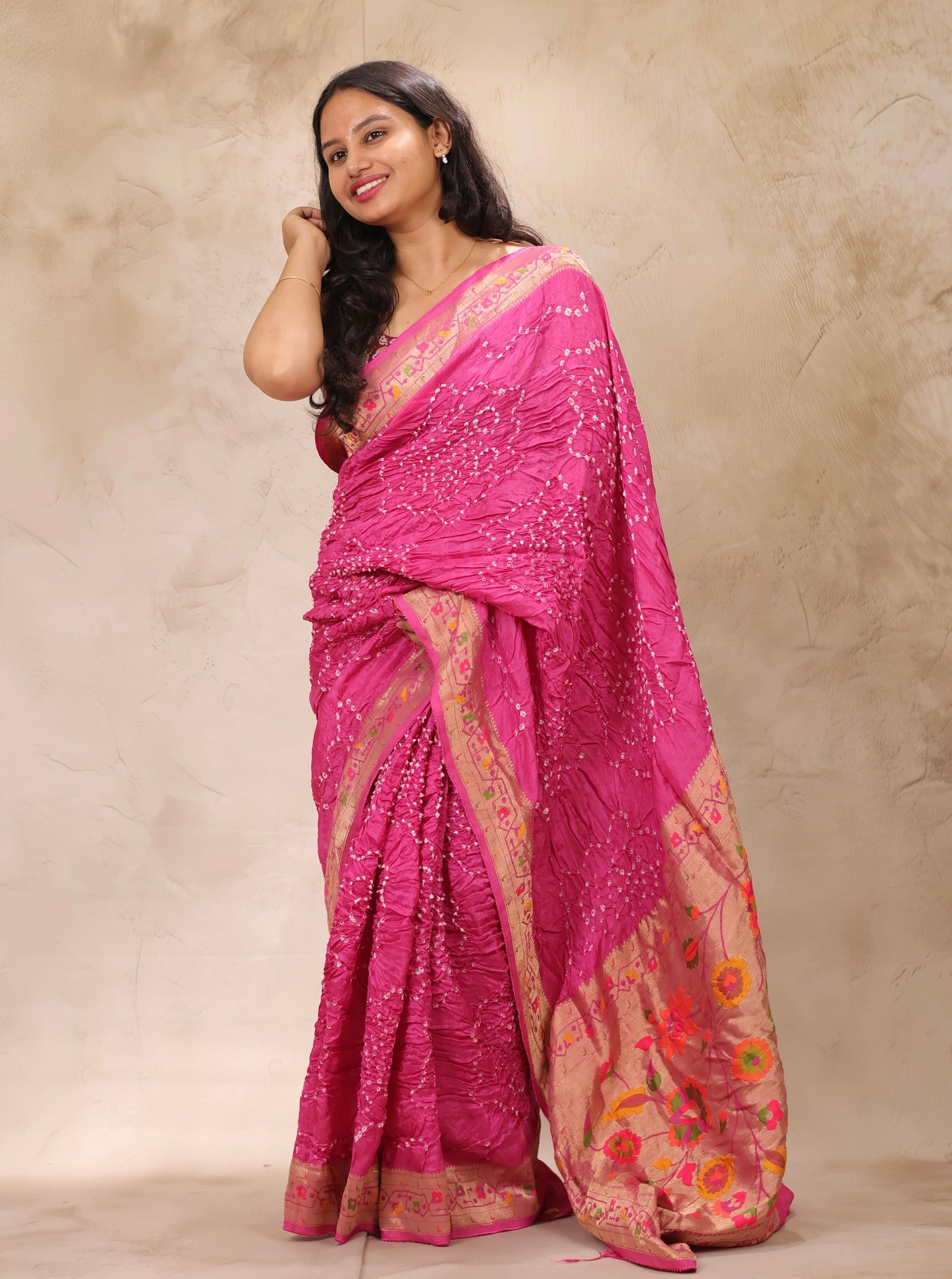 Pink Handcrafted Pattern Bandhani Paithani Dola Silk Saree | Looms & Tassels