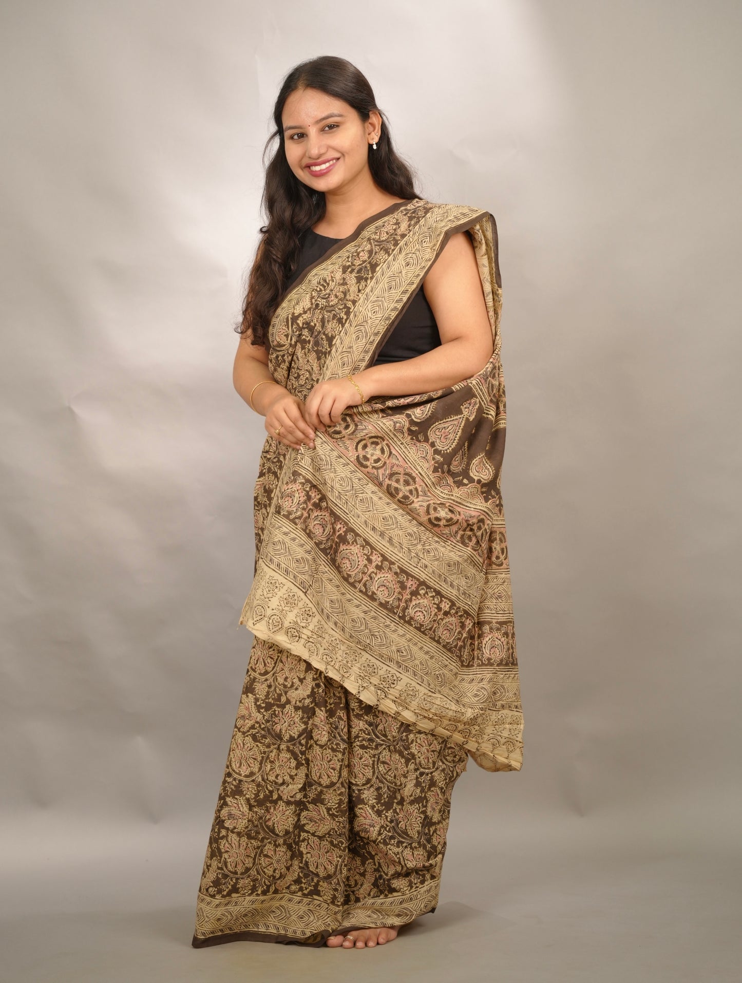 Mehendi Green Hand Block Printed Kalamkari Cotton Saree | Looms & Tassels