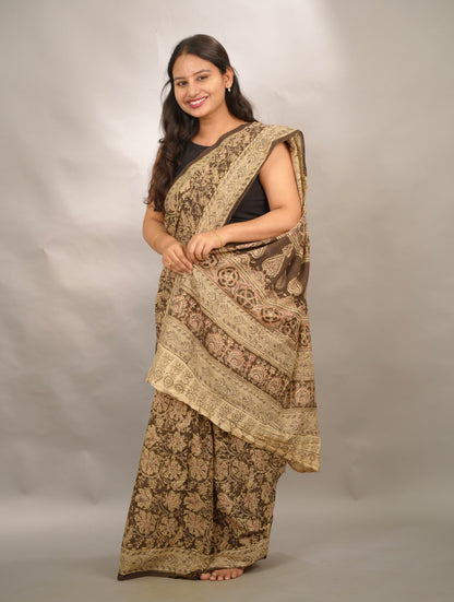 Mehendi Green Hand Block Printed Kalamkari Cotton Saree | Looms & Tassels
