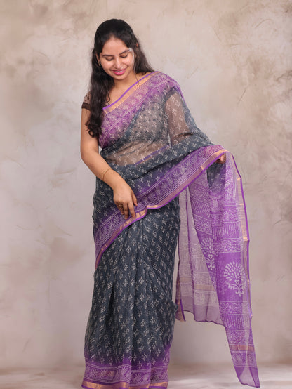 Ash And Dark Lavender Dual Shade Pure Kota Doria Saree with Bagru Handblock Prints | Looms & Tassels