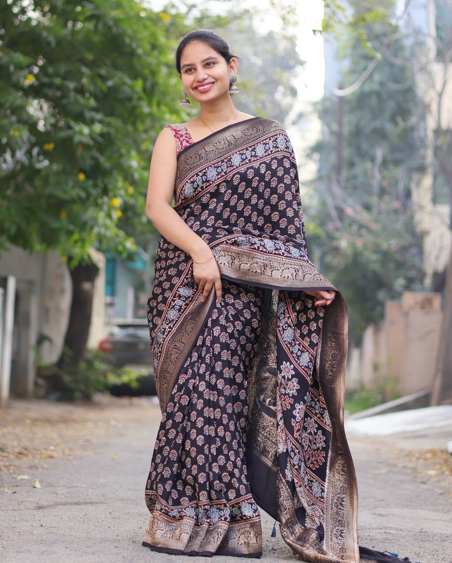 Black Ajrakh Dola Silk Saree