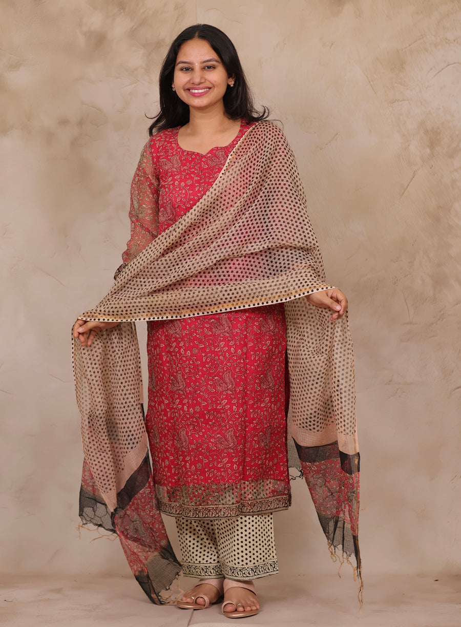 Pink Handblock printed kota 3 piece suit (stitched)