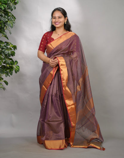 Lavender Checks Handloom Maheswari Tissue Silk Cotton Sarees | Looms & Tassels