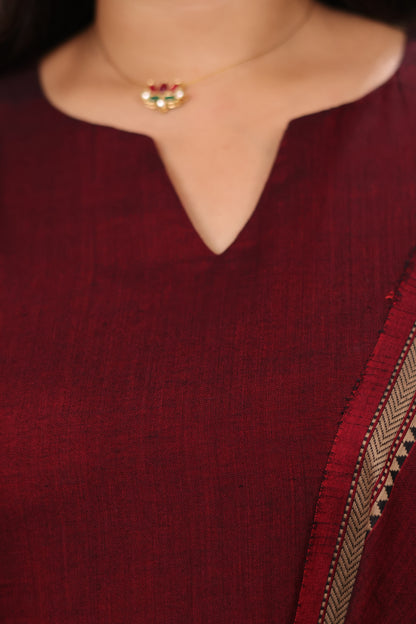 Maroon Narayanpet Cotton Kali Kurta with Narayanpet Dupatta | Looms & Tassels