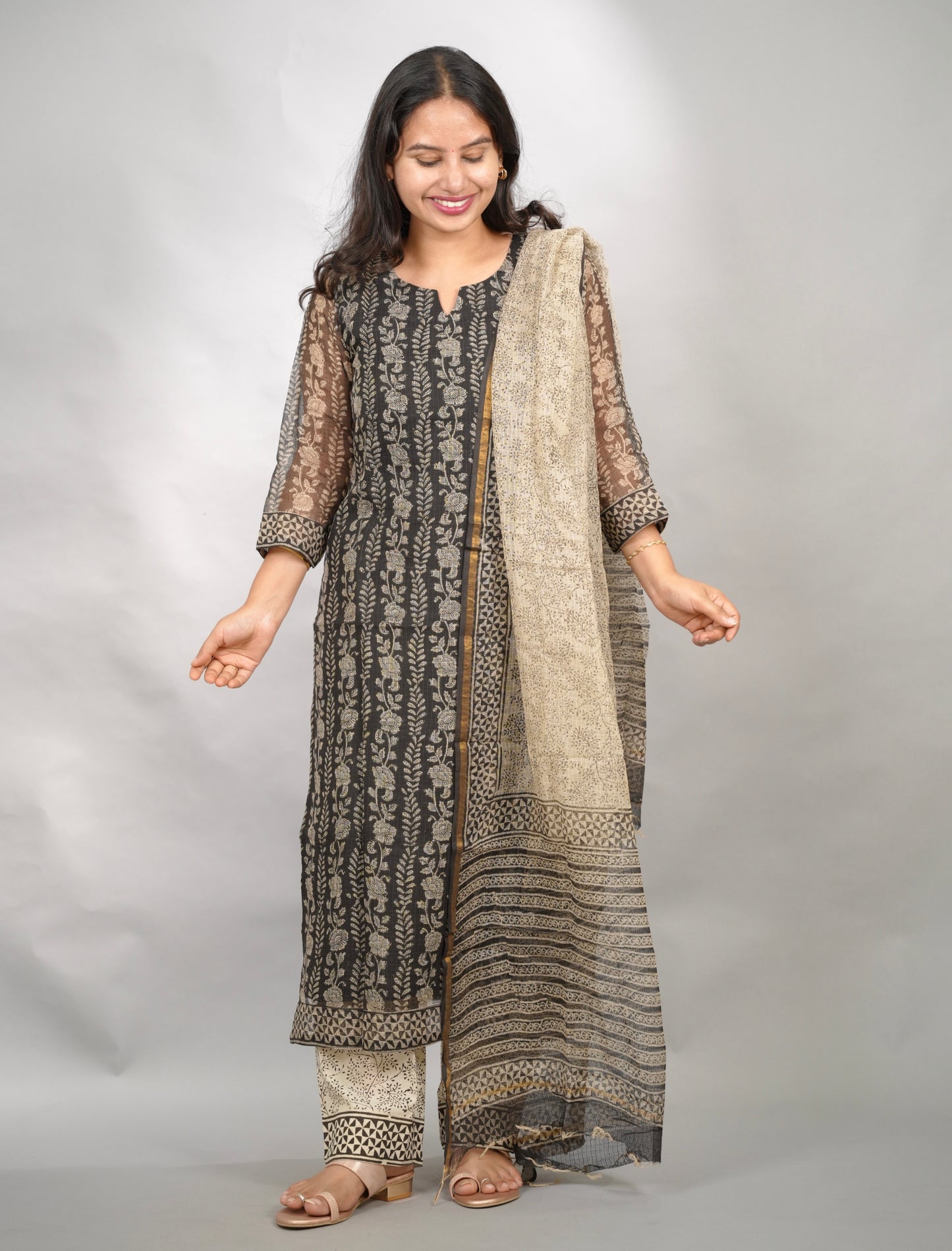 Black Handblock printed kota 3 piece suit (stitched)