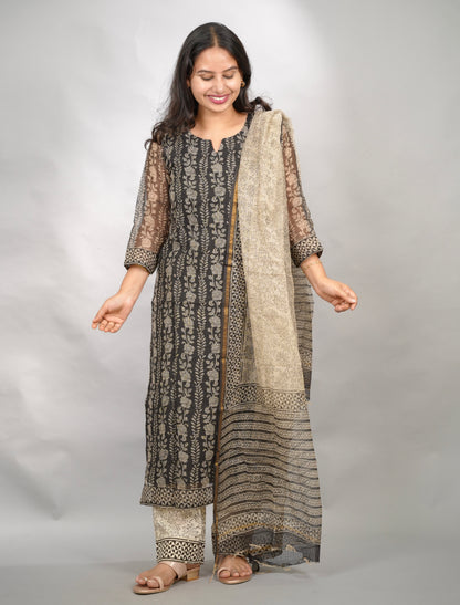 Black Handblock printed kota 3 piece suit (stitched)