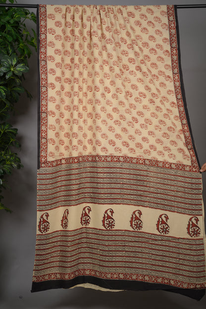 Bagru Handblock printed MulMul cotton saree | Looms & Tassels