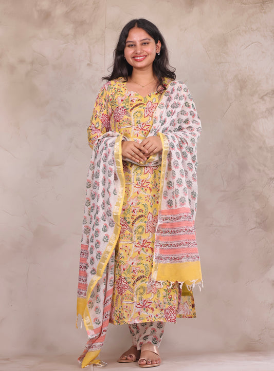 Yellow Linen Cotton Handblock printed 3 piece suit (stitched)