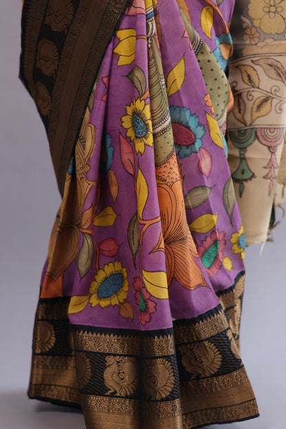 Lavender Hand Painted Pen Kalamkari Silk Saree