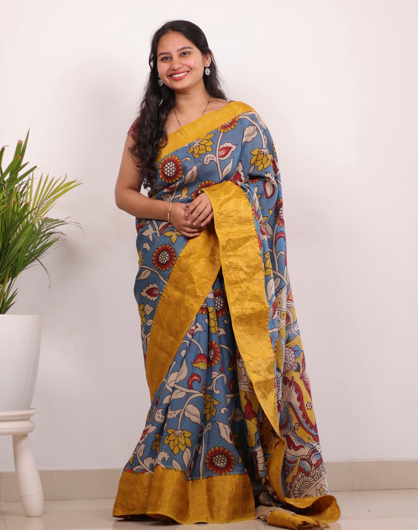 Sky Blue Kanchi border Kalamkari chennur silk saree