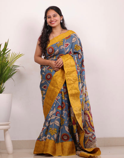 Sky Blue Kanchi border Kalamkari chennur silk saree