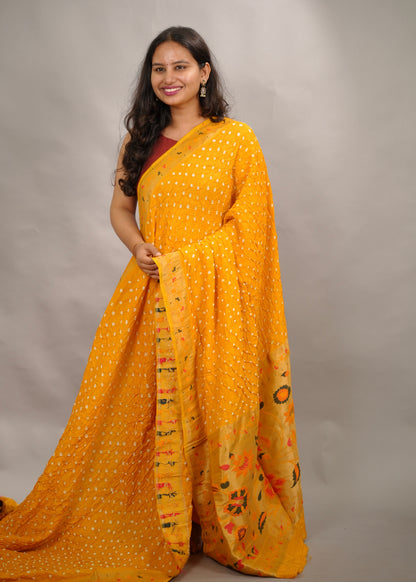 Yellow Handcrafted Bandhani Paithani Dola Silk Saree | Looms & Tassels