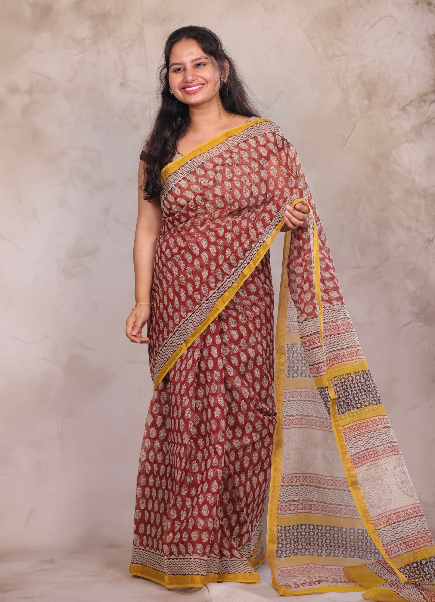 Maroon Pure Kota Doria Saree with Bagru Handblock Prints | Looms & Tassels