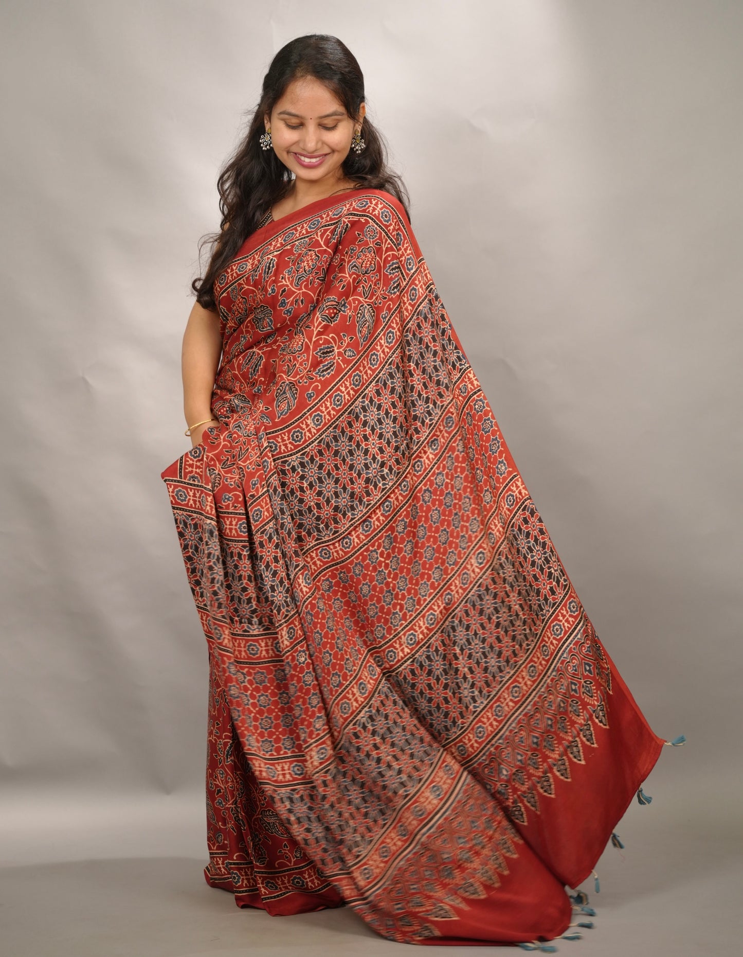 Red Authentic Ajrakh Handblock Printed Modal Silk Saree | Looms & Tassels