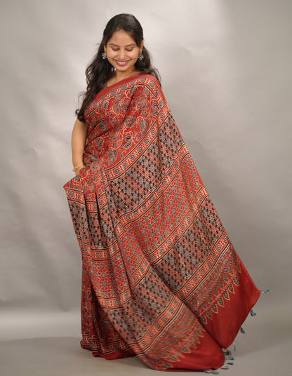 Red Authentic Ajrakh Handblock Printed Modal Silk Saree | Looms & Tassels