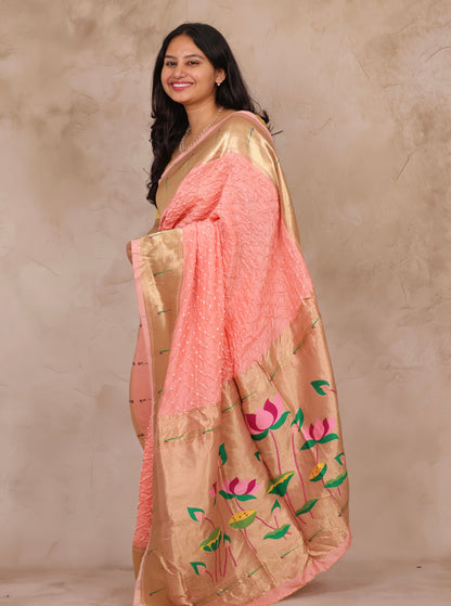 Pastel Handcrafted Bandhani Paithani Dola Silk Saree | Looms & Tassels