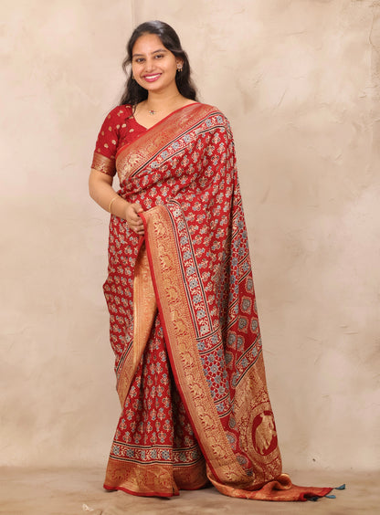 Red Ajrakh Handblock printed Dola Silk Saree | Looms & Tassels