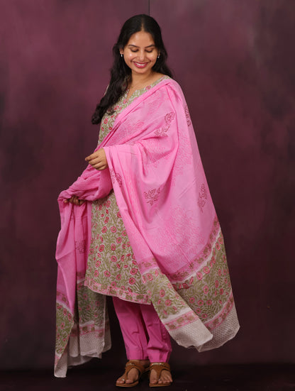 Grey & Pink Handblock printed Pure Mul Cotton with Mul Cotton Duppata 3 piece suit (stitched)
