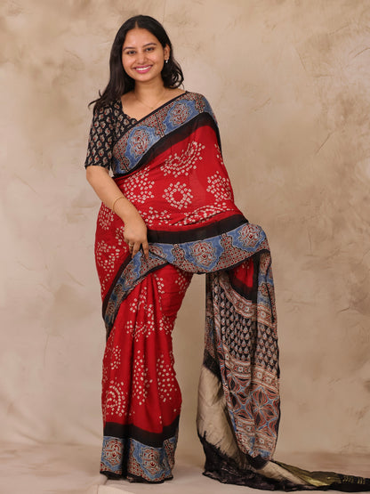 Red Hand Knotted Bandhej Arakh Modal Silk Saree with Lagdi Pallu | Looms & Tassels