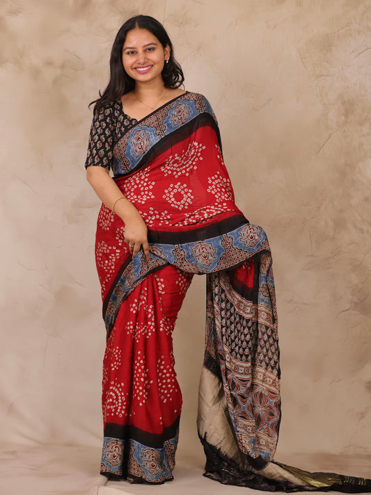 Red Hand Knotted Bandhej Arakh Modal Silk Saree with Lagdi Pallu | Looms & Tassels