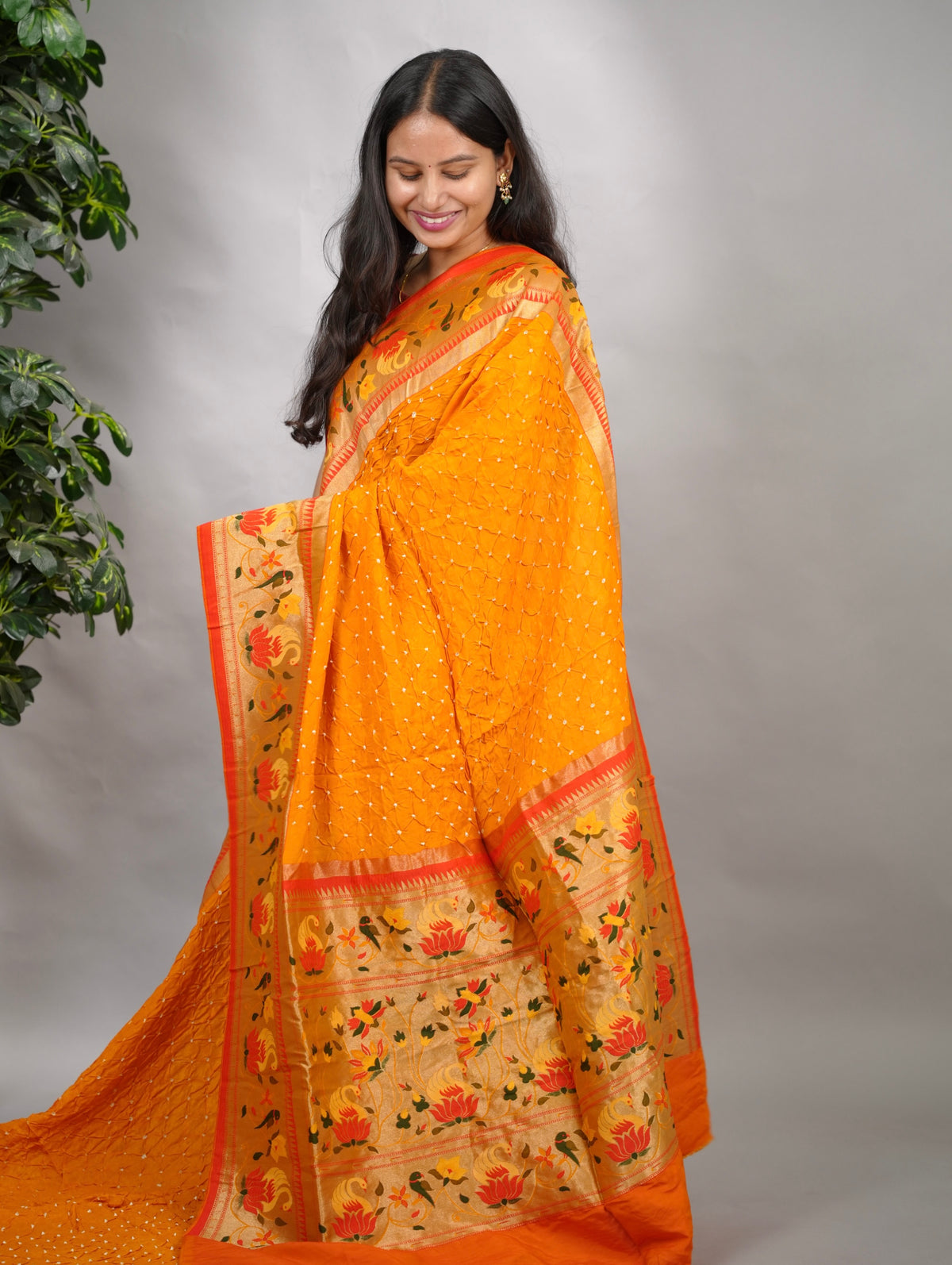 Yellow Handcrafted Bandhani Paithani Dola Silk Saree | Looms & Tassels