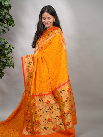 Yellow Handcrafted Bandhani Paithani Dola Silk Saree | Looms & Tassels