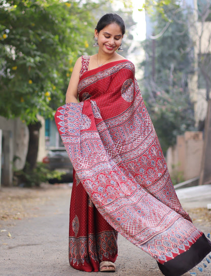 Red Ajrakh Modal Silk Saree