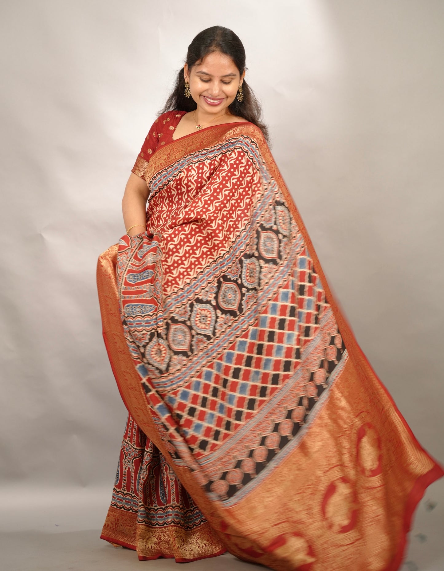 Red Ajrakh Handblock printed Dola Silk Saree | Looms & Tassels