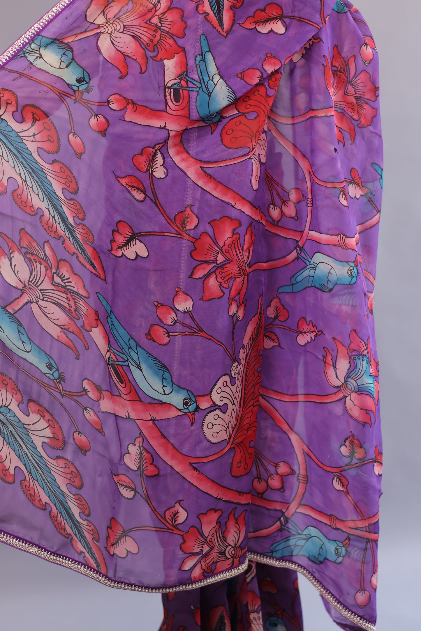 Purple Hand Painted Pen Kalamkari Organza Saree