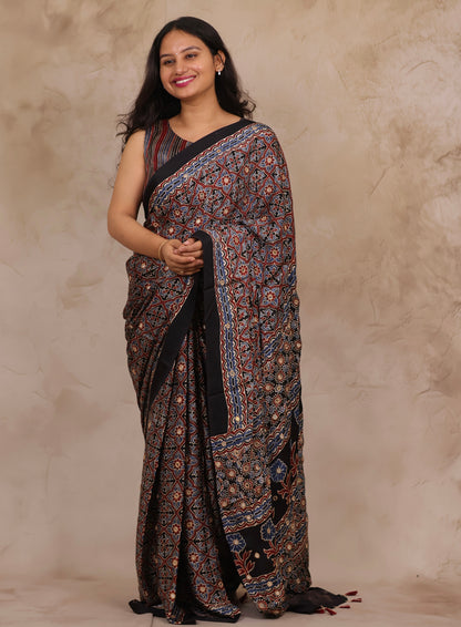 Black Handcrafted Ajrakh Modal Silk Saree with Authentic Banjara Mirror Work | Looms & Tassel