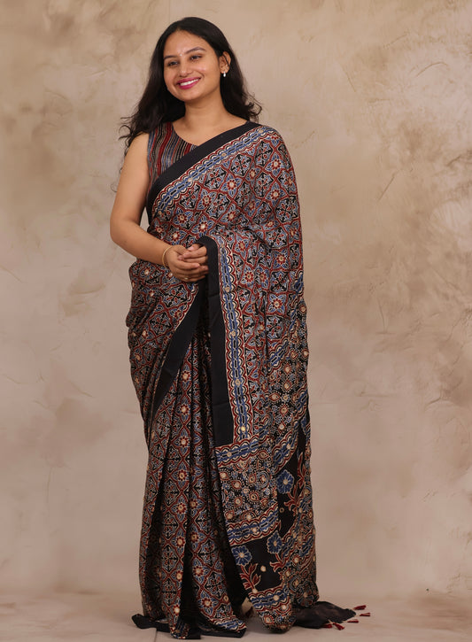 Black Handcrafted Ajrakh Modal Silk Saree with Authentic Banjara Mirror Work | Looms & Tassel