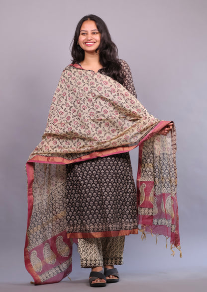 Handblock printed Pure Maheswari Silk 3 piece suit (stitched)