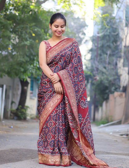 Ajrakh Dola Silk Saree